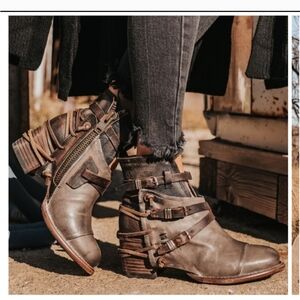 Freebird Distressed Gray Ankle Boots with Buckle Detail